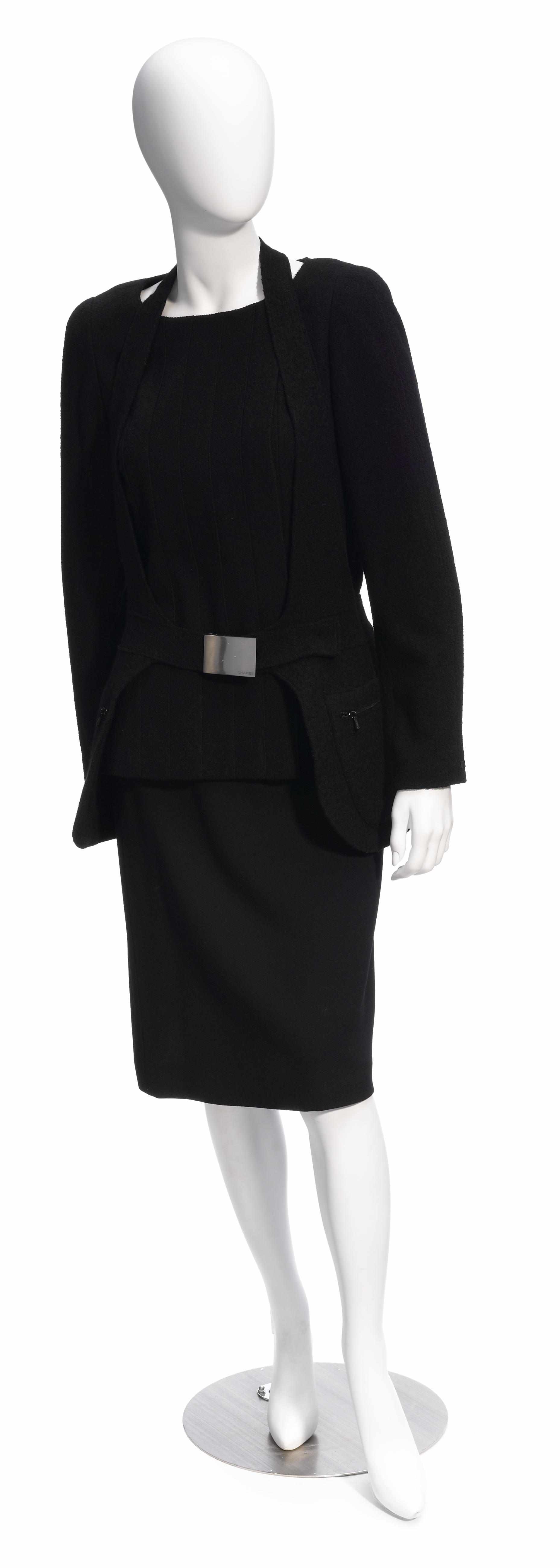 Appraisal: A Chanel black boucl side tie jacket vest and skirt