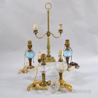 Appraisal: Five Brass and Glass Lamps Estimate - The absence of