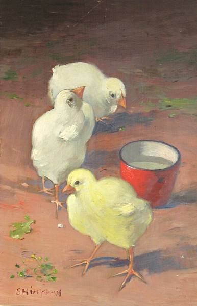 Appraisal: Two small framed panel paintings The first one of chicks