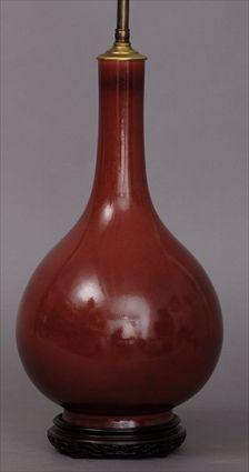 Appraisal: CHINESE FLAMB GLAZED PEAR-FORM VASE MOUNTED AS A LAMP With