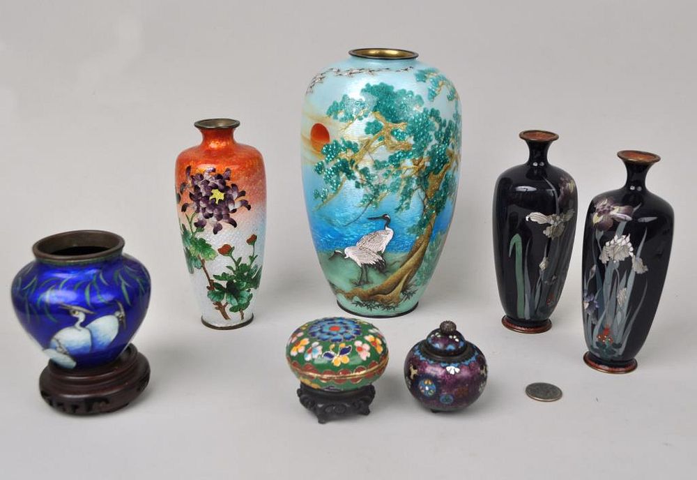 Appraisal: Group Seven Japanese Small Enameled Wares comprising signed Ginbari vase