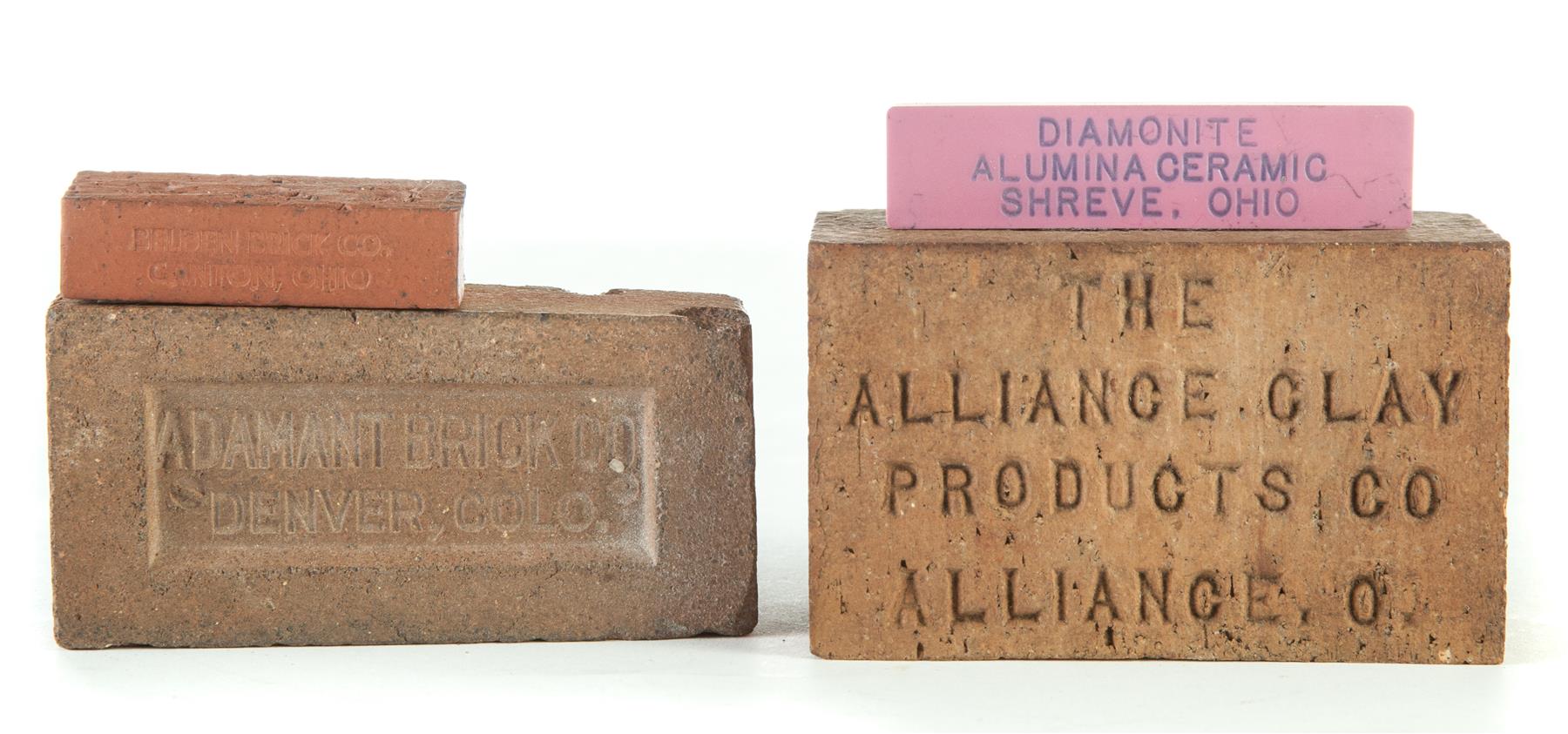 Appraisal: FOUR MINIATURE BRICKS WITH ADVERTISING American st half- th century