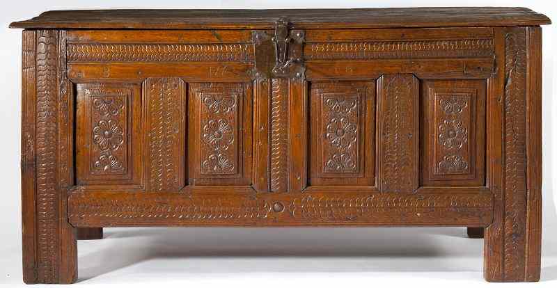 Appraisal: Large Spanish Carved Arms Chest th century walnut frontispiece initialed