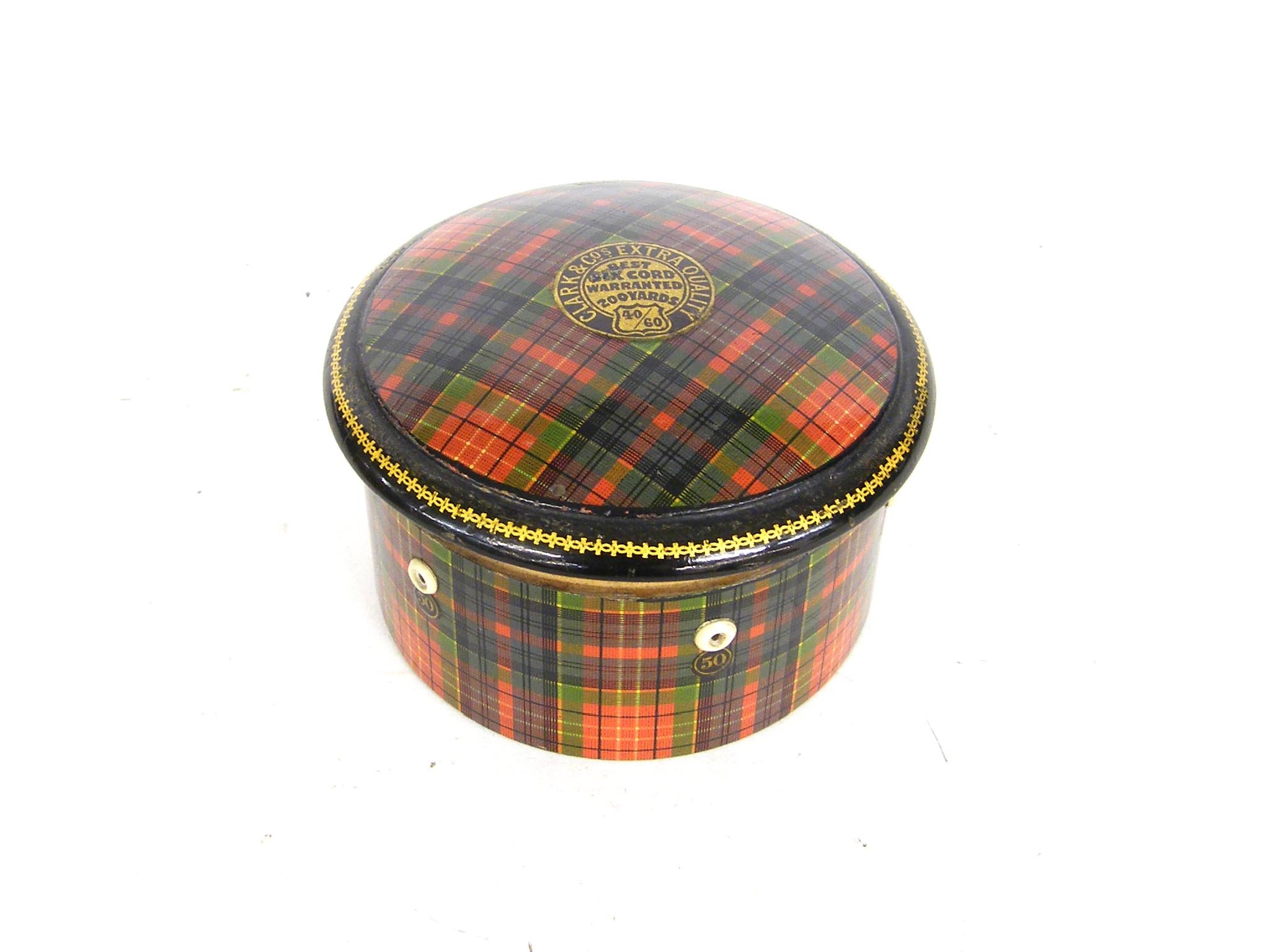 Appraisal: Tartan ware - Caledonia pattern circular thread box with Clark