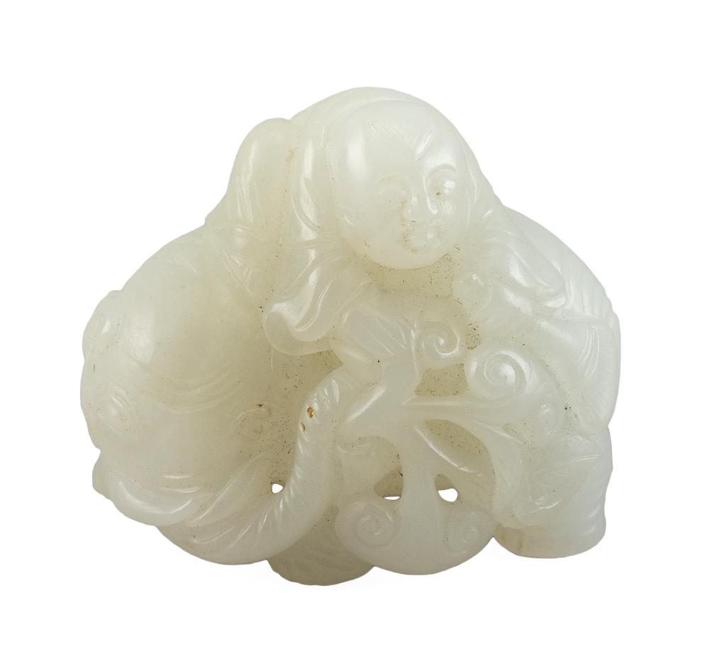 Appraisal: CHINESE CARVED WHITE JADE FIGURE GROUP TH CENTURY HEIGHT LENGTH