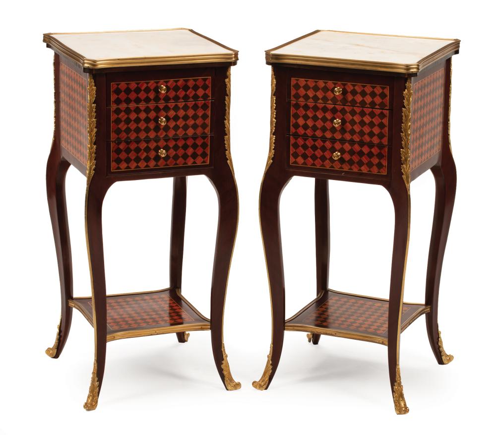 Appraisal: Pair of Louis XVI-Style Bronze-Mounted Parquetry Bedside Commodes square marble