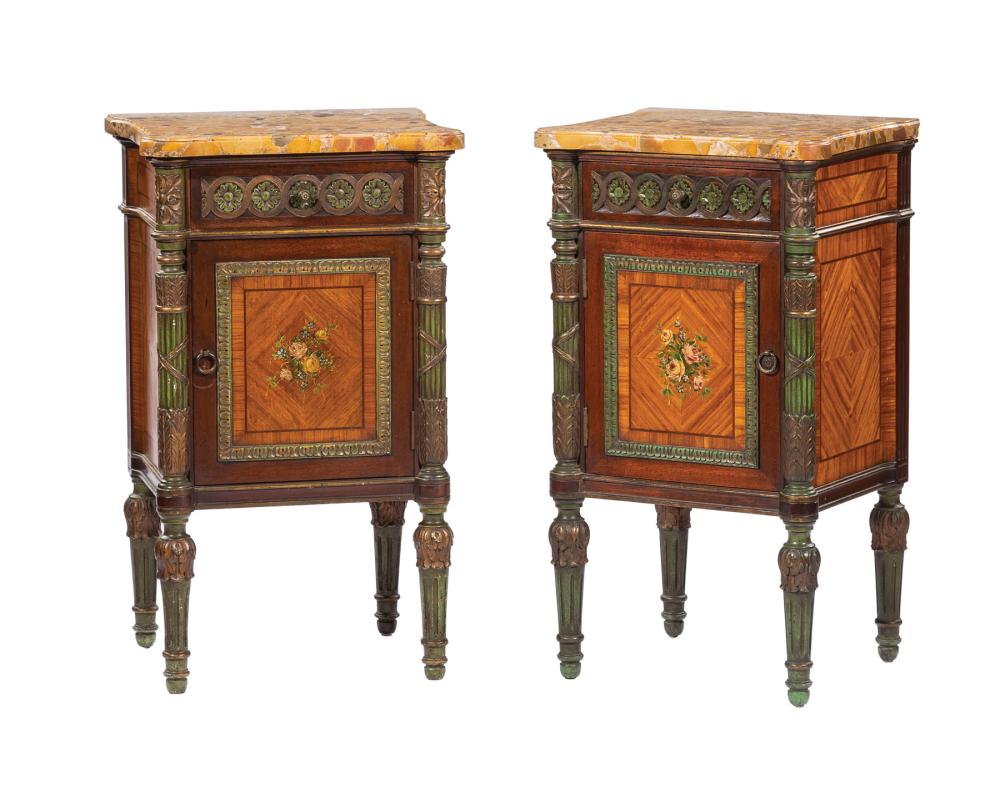 Appraisal: Pair of Antique Louis XVI-Style Parquetry Painted and Parcel Gilt