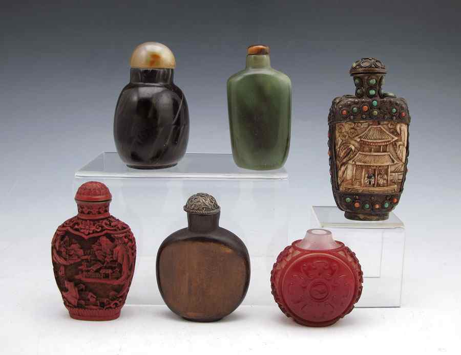 Appraisal: COLLECTION OF CHINESE SNUFF BOTTLES To include Metal frame with