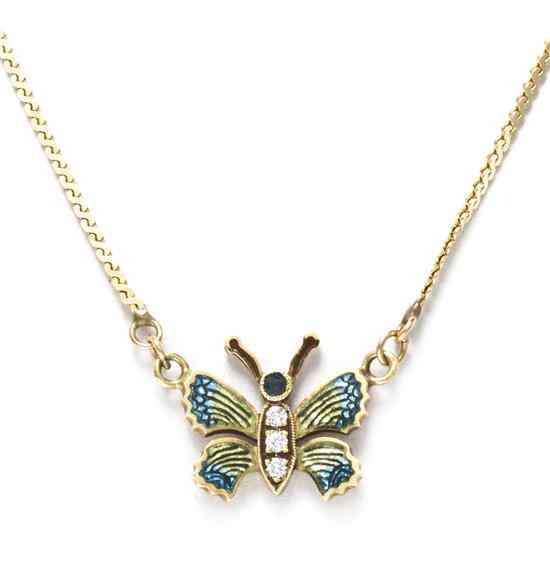 Appraisal: A Karat Yellow Gold Diamond Sapphire and Plique-a-Jour Butterfly Necklace