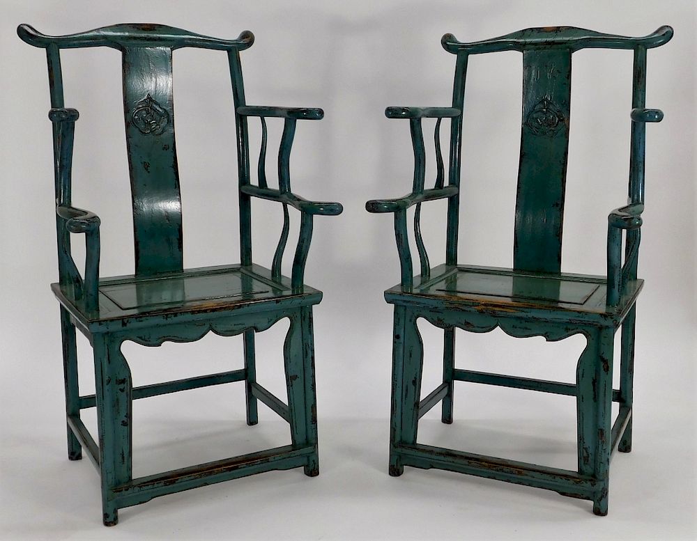 Appraisal: PR Chinese Blue-Green Painted Tiered Arm Chairs China th Century