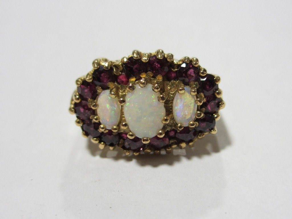 Appraisal: Nine carat gold opal and ruby cluster ring