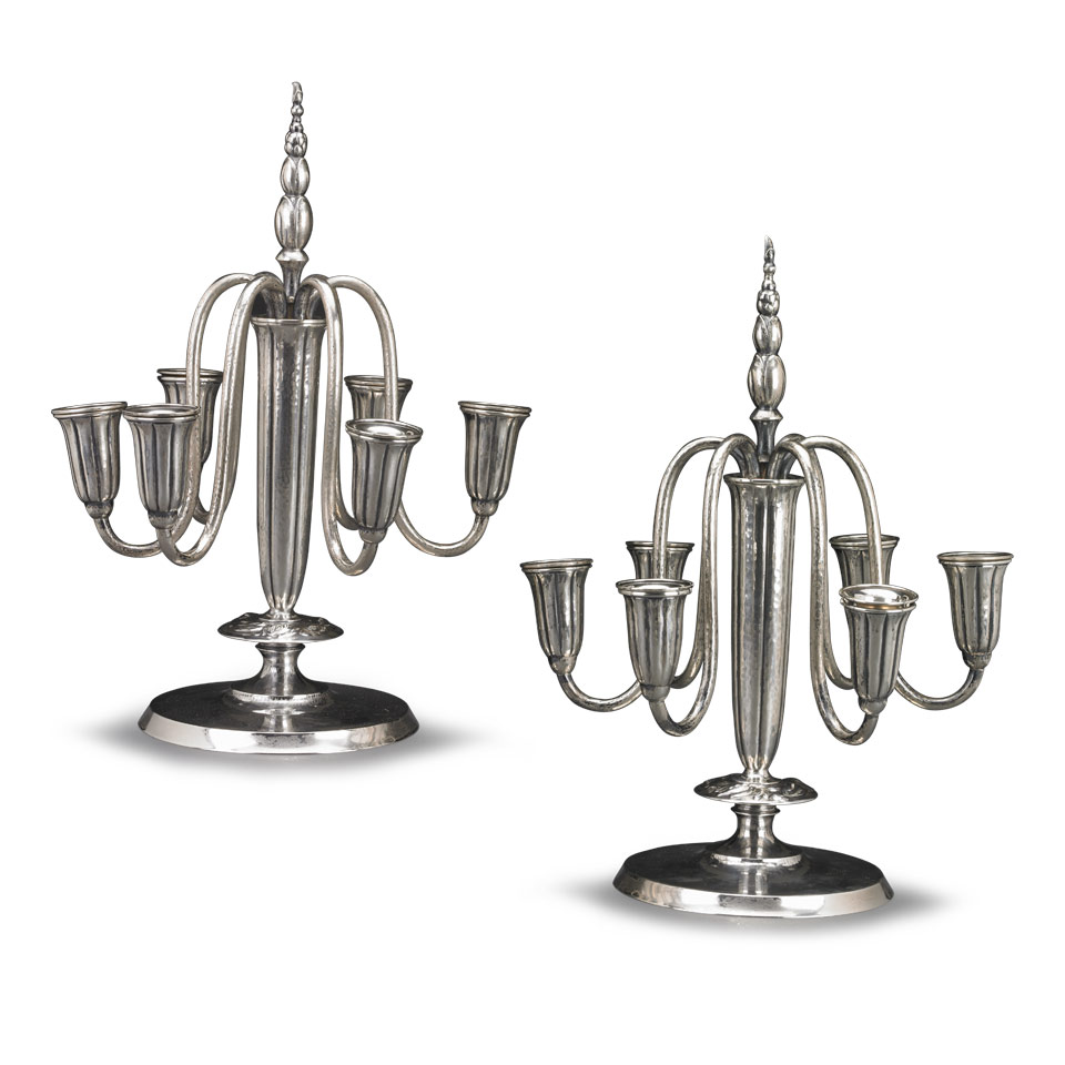 Appraisal: Pair of German Silver Six-Light Candelabra H J Wilm Berlin