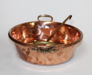 Appraisal: French antique copper candy vat with spoon French antique copper