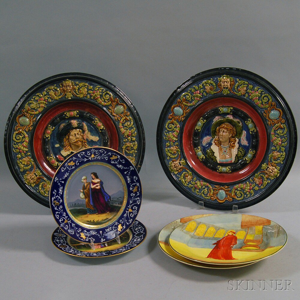 Appraisal: Six Continental Ceramic Items a pair of majolica portrait plaques