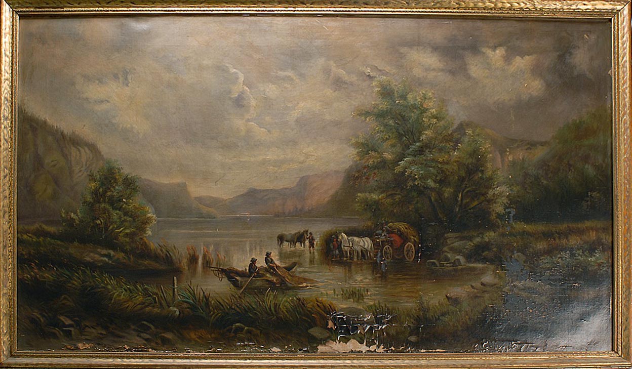 Appraisal: FRAMED PAINTING ARTIST UNKNOWN Crossing the River Depicts a horse-drawn