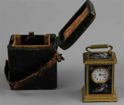 Appraisal: CONTINENTAL MINIATURE ENAMEL CARRIAGE CLOCK AND CASE late th early