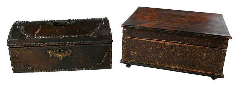 Appraisal: Two Early Leather and Painted Boxes American th century leather