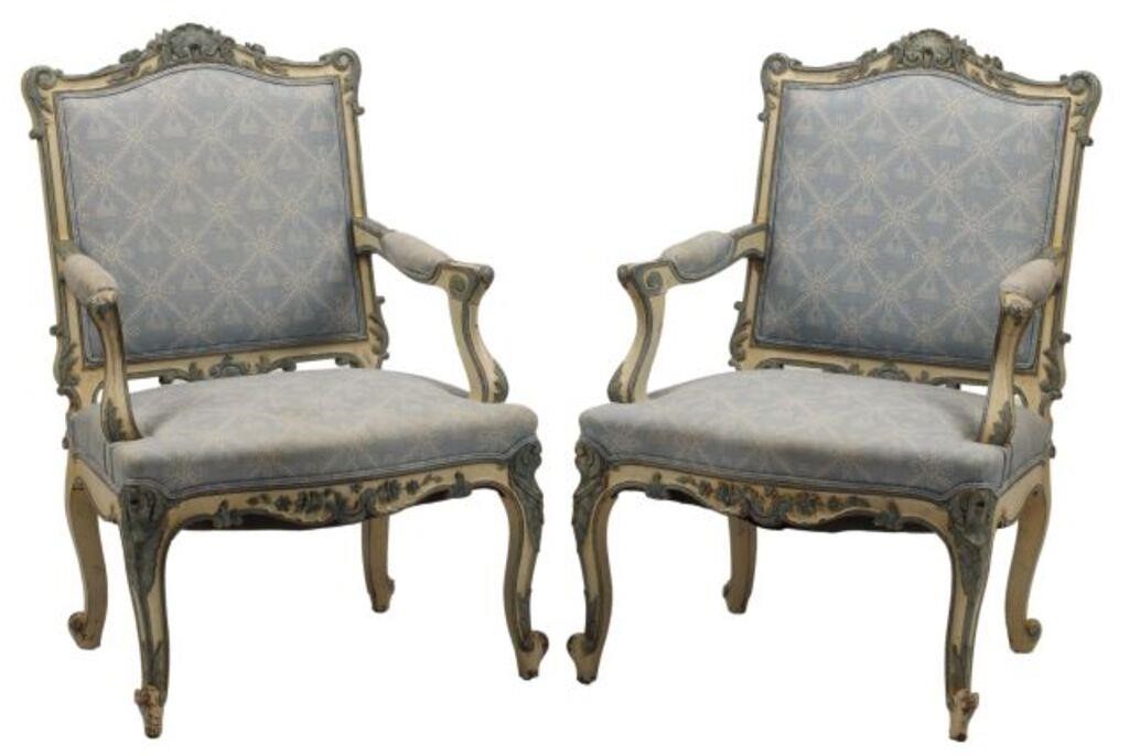 Appraisal: pair Louis XV style paint decorated armchairs with upholstered back