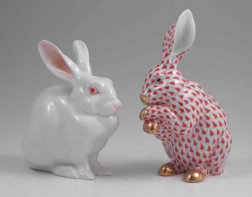 Appraisal: HEREND PORCELAIN RABBITS Red fishnet ''h All white rabbit ''