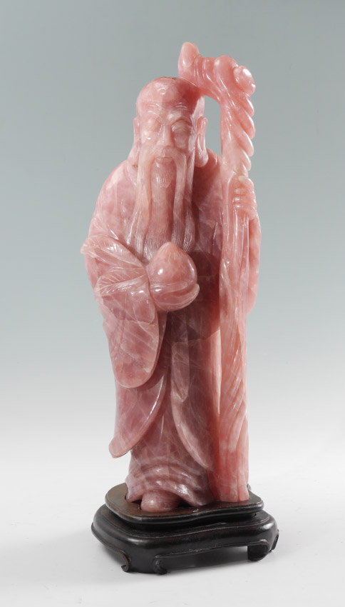 Appraisal: LARGE ROSE QUARTZ CHINESE CARVED ELDER FIGURE Nicely detailed carved