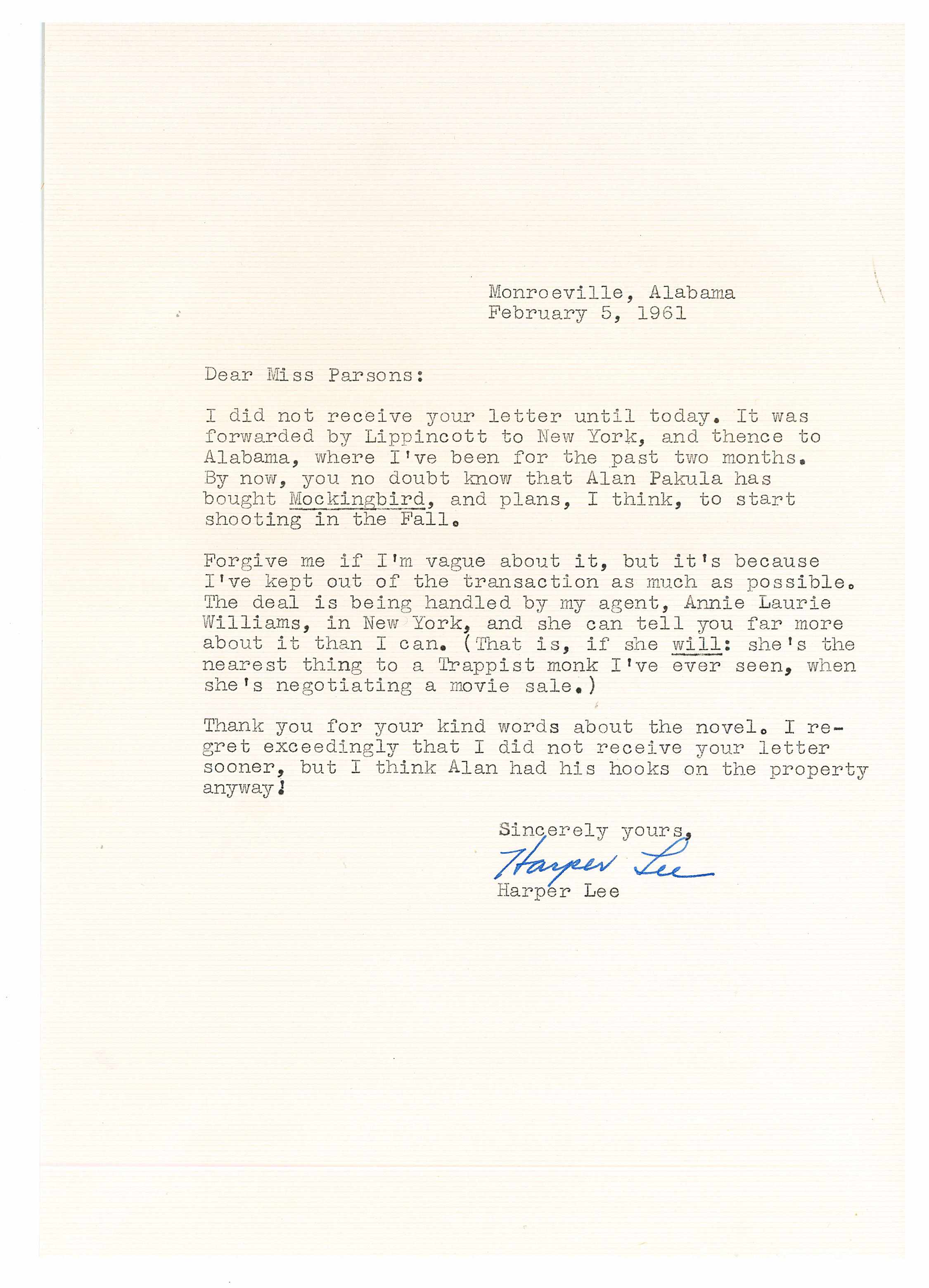 Appraisal: LEE HARPER BORN Typed Letter Signed ''Harper Lee'' p to