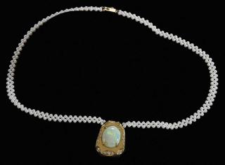 Appraisal: kt Opal Diamond and Pearl Necklace central yellow gold pendant