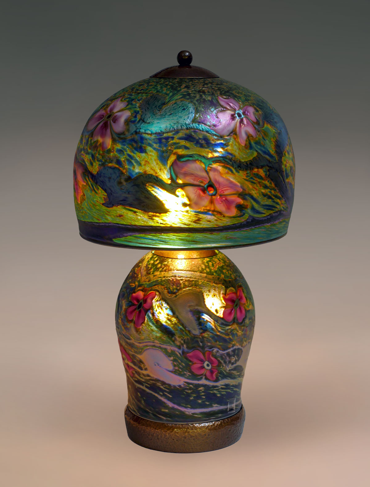 Appraisal: CHARLES LOTTON MULTI-FLORA IRIDESCENT LAMP Art glass lamp by Charles