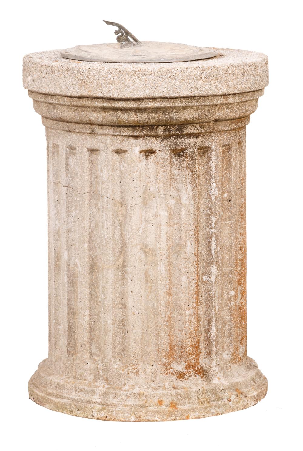 Appraisal: Cast Concrete Columnar Pedestal and Lead Sundial zodiac surround fluted