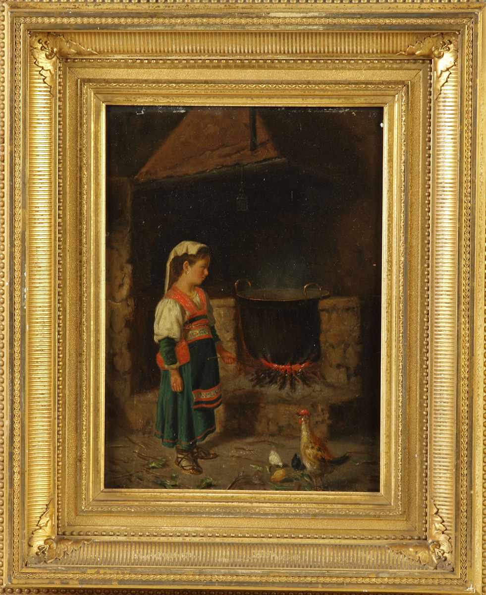 Appraisal: th cent Oil Panel of Young girl in kitchen Sgn