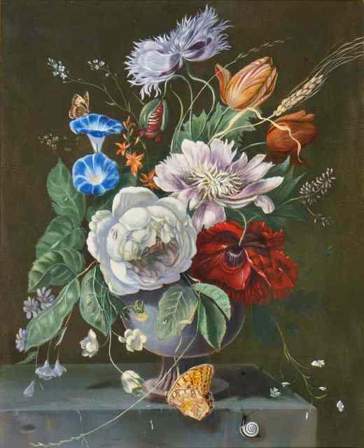 Appraisal: GERALD COOPER - Still life of flowers butterflies and snail