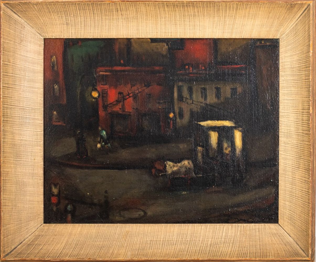 Appraisal: OTTO BOTTO ABSTRACT NIGHT CITYSCAPE OIL ON BOARD Otto Banz