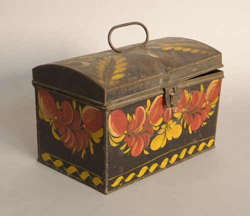 Appraisal: Tole decorated dome lid document box with vibrant red and