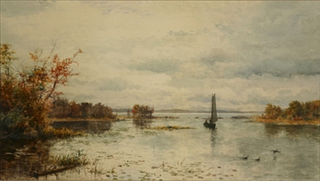 Appraisal: James Craig Nicholl American - Sailboat in an Autumn River