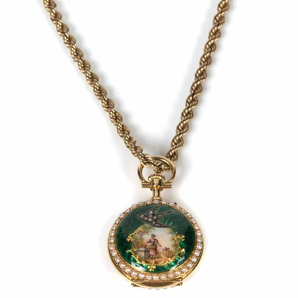 Appraisal: An enamel seed pearl and k gold ladies pocketwatch with