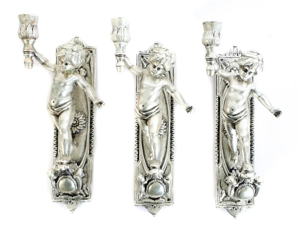 Appraisal: GROUP ITALIAN SILVER METAL FIGURAL WALL SCONCESGroup of three Italian