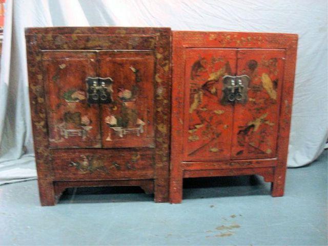 Appraisal: Pair of Antique Chinese Red Lacquer -Door End Tables Painted