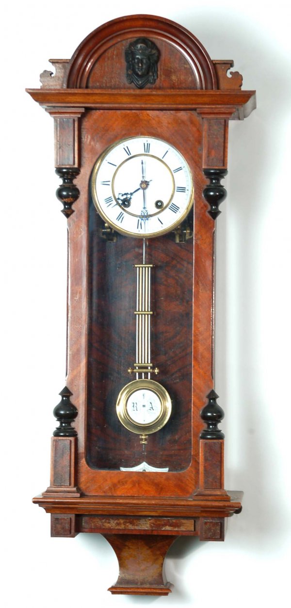 Appraisal: German wall clock - porcelain dial RA pendulum Veneered case