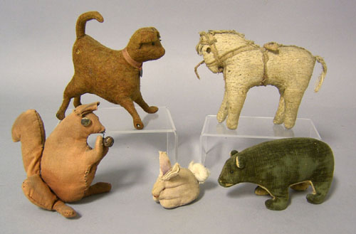 Appraisal: Group of five stuffed cloth animals th th c to