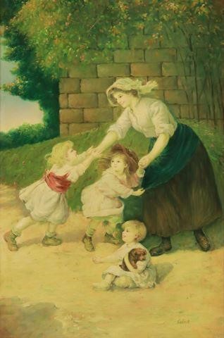 Appraisal: Framed oil on canvas painting Mother and Children with Puppy