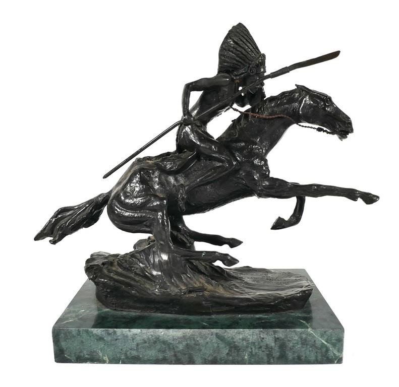 Appraisal: Warrior bronze sculpture of horse mounted Indian Chief charging Inscribed