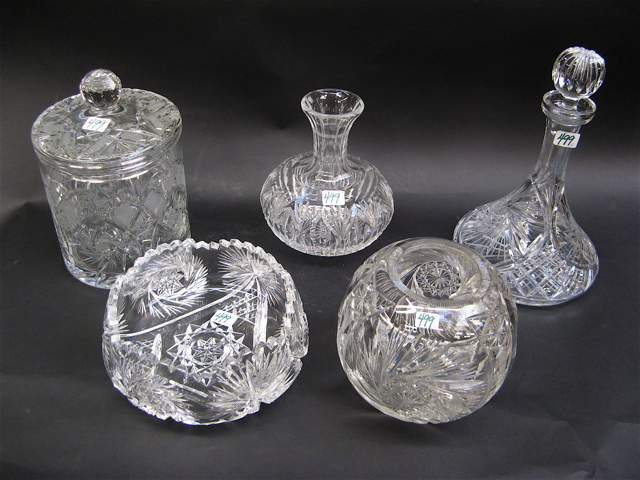 Appraisal: FIVE PIECES OF CLEAR CUT CLASS ships decanter with stopper