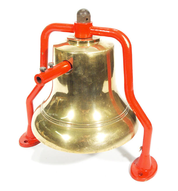 Appraisal: Large brass fire engine mounted alarm bell on metal bracket