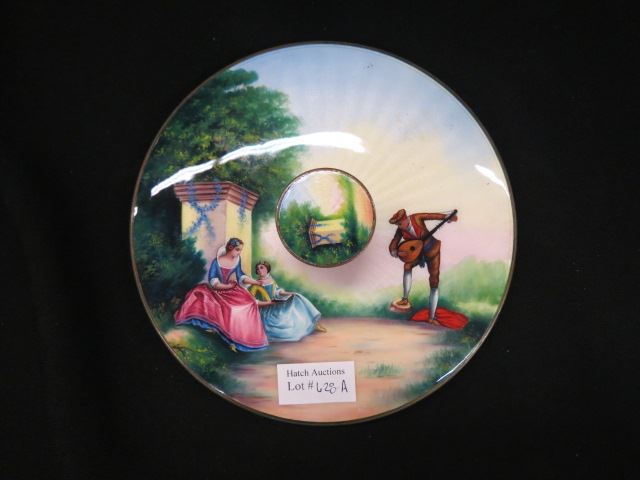 Appraisal: Enameled Hand Mirror courting scene center handle diameter circa