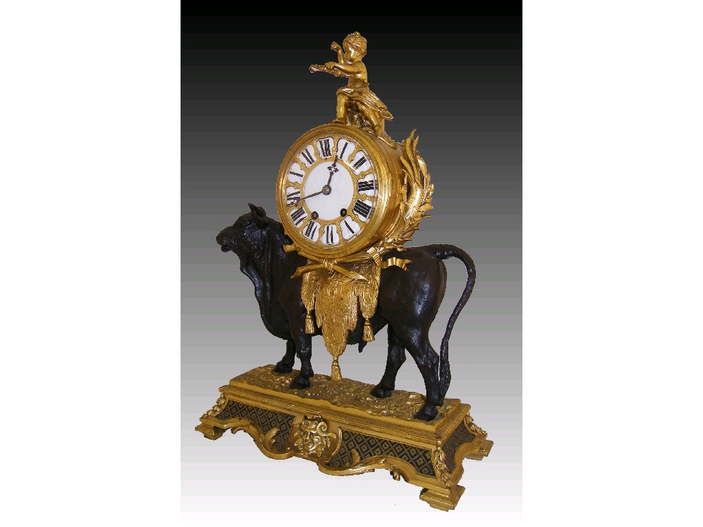 Appraisal: Imposing French ormolu and bronze two train mantel clock the