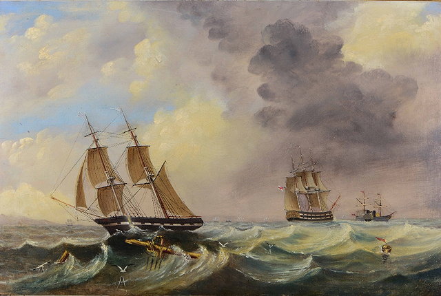 Appraisal: th Century English SchoolA fleet of warships under dark clouds