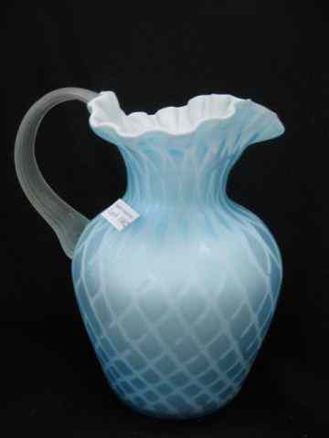 Appraisal: Blue Satin Art Glass Pitcher diamond quilted M O P