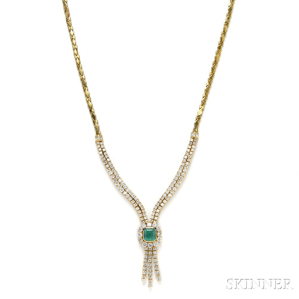 Appraisal: kt Gold Emerald and Diamond Necklace bezel-set with an emerald-cut