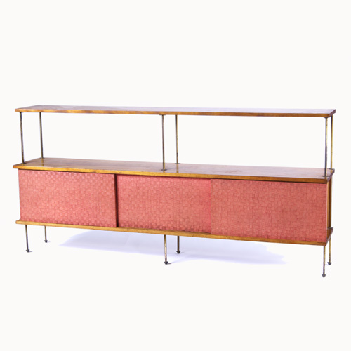 Appraisal: HARVEY PROBBER Ash veneer two-tier console on brass frame with