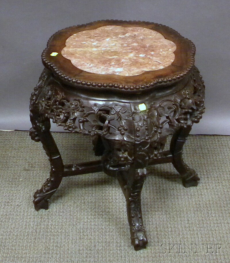 Appraisal: Chinese Round Tabouret rosewood inset with marble carved and pierced