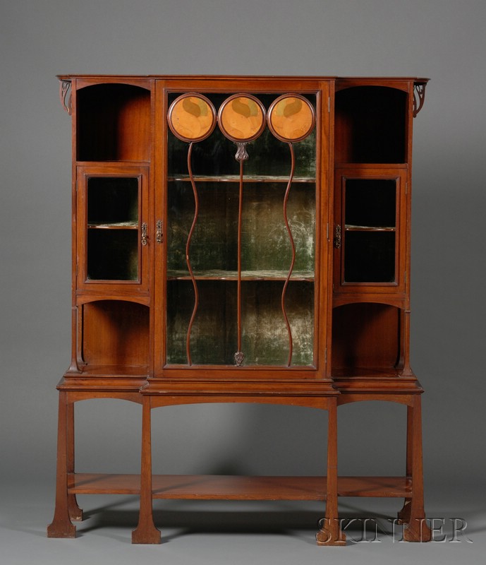 Appraisal: Art Nouveau Inlaid Mahogany Display Cabinet early th century breakfronted